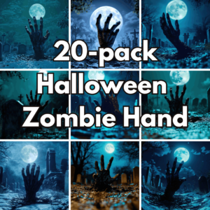 20-Pack Halloween Zombie Hand Digital Backgrounds – Spooky Graveyard and Full Moon Stock Images cover image.