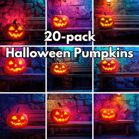 20-Pack Halloween Spooky Jack-o'-Lanterns and Mysterious Wooden Bench Digital Backgrounds cover image.