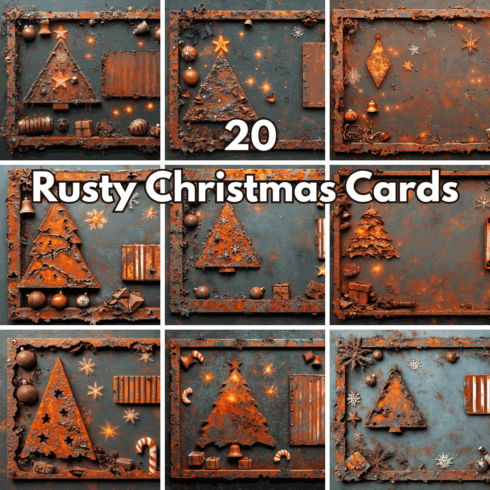 20 Rusty Metal Christmas Cards, Industrial Holiday Backgrounds & Greeting Card Templates cover image.
