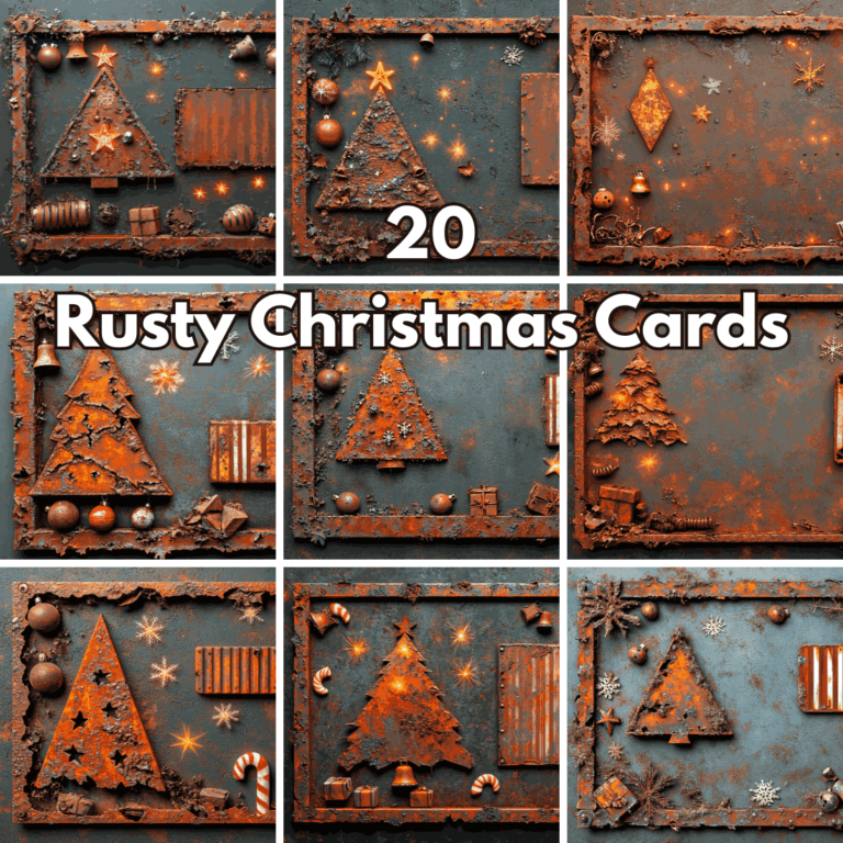 20 Rusty Metal Christmas Cards, Industrial Holiday Backgrounds & Greeting Card Templates cover image.