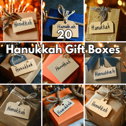 20 Hanukkah Gift Boxes Digital Art Set – High-Resolution Festive Present and Menorah Backgrounds for Holiday Design cover image.
