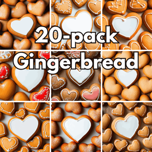 20-pack Gingerbread Digital Backgrounds, Sweet Heart Cookies and Valentine Baking Flat Lay Scenes cover image.