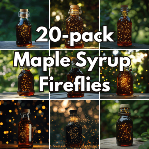 20-pack Maple Syrup and Fireflies Digital Backgrounds, Magical Glowing Insects in Glass Bottles and Enchanted Forest Studio Scenes cover image.