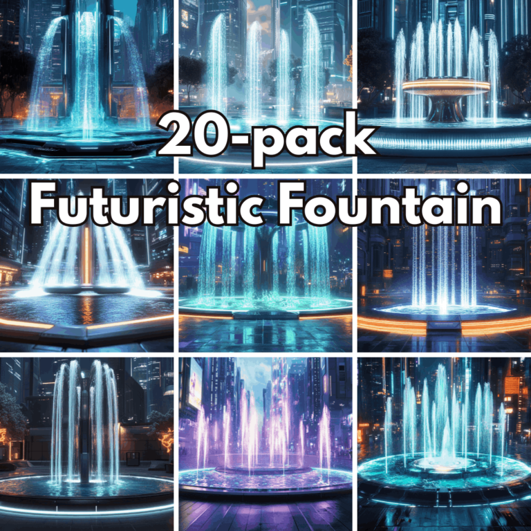 20-pack Futuristic Fountain Digital Backgrounds, Cyberpunk City Scenery and Neon Water Landscapes cover image.
