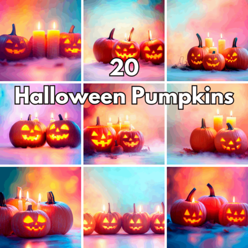 20 Halloween Pumpkin Backgrounds, Spooky Jack-o-Lanterns & Glowing Candles Digital Papers cover image.