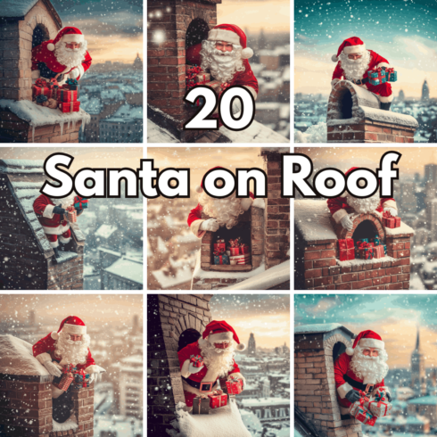 20 Santa Claus on Roof Backgrounds, Christmas Chimney Wallpapers and New Year Gift Delivery Design Assets cover image.