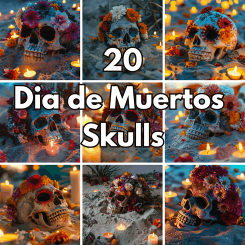 20 Dia de Muertos Skulls Digital Backgrounds, Mexican Day of the Dead Calaveras with Candles and Flowers cover image.