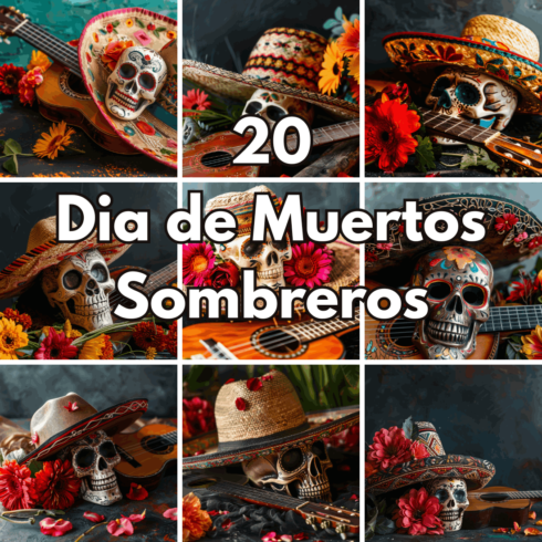 20 Dia de Muertos Sombreros & Sugar Skulls Digital Backgrounds, Traditional Mexican Festival Art Set cover image.