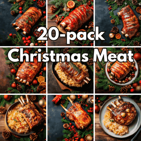 20-pack Christmas Meat Digital Backgrounds, Roasted Festive Pork and Holiday Dinner Scenes with Evergreen Decor cover image.