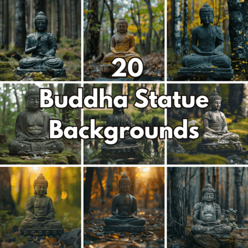 20 Buddha Statue Backgrounds Set — Serene Zen Meditation and Nature Forest Digital Photos cover image.