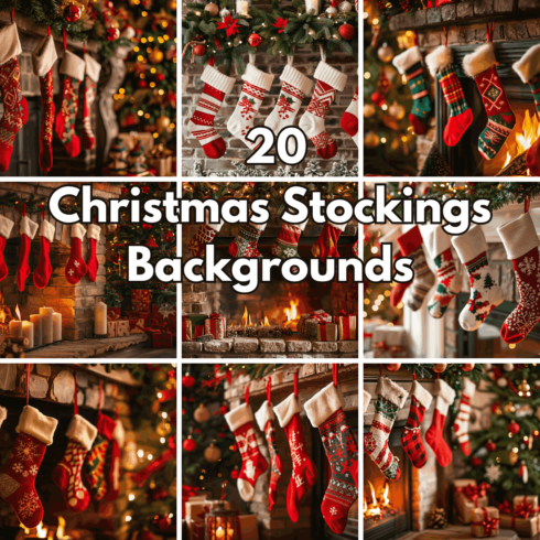 20 Christmas Stockings Backgrounds, Fireplace Holiday Wallpapers cover image.
