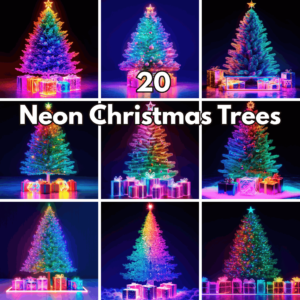 20 Neon Christmas Trees, Glowing Holiday Backgrounds & Festive AI Art cover image.