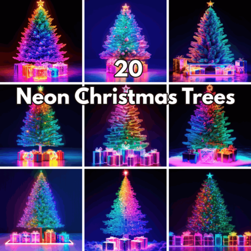 20 Neon Christmas Trees, Glowing Holiday Backgrounds & Festive AI Art cover image.