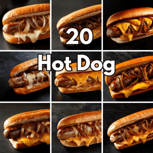 20 Hot Dog Digital Backgrounds, Gourmet Fast Food Wallpapers and Delicious Sausage with Melted Cheese Concept Art cover image.