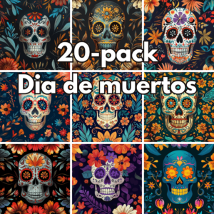 Dia de Muertos Digital Backgrounds Bundle – 20 High-Resolution Sugar Skulls and Floral Calaveras Stock Images cover image.