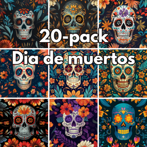 Dia de Muertos Digital Backgrounds Bundle – 20 High-Resolution Sugar Skulls and Floral Calaveras Stock Images cover image.
