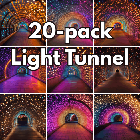 20-pack Light Tunnel Digital Backgrounds, Glowing LED Corridor Scenery and Colorful Night Landscapes cover image.
