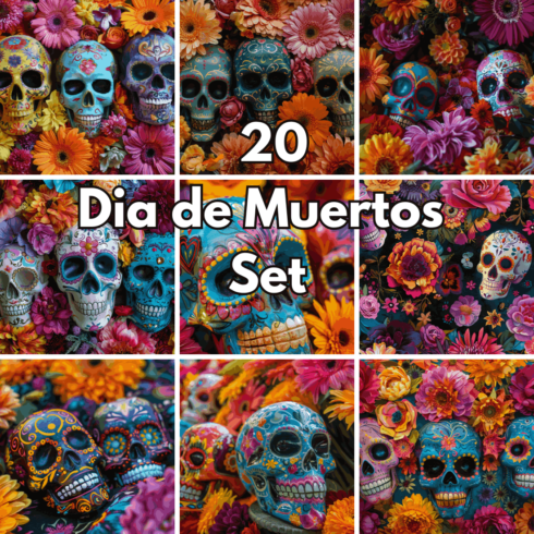 20 Dia de Muertos Backgrounds Set – Colorful Sugar Skulls and Marigold Flowers Digital Photos cover image.