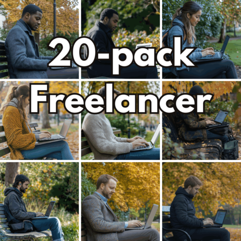 20-pack Freelancer Digital Backgrounds, Remote Work and Laptop Lifestyle Scenes in Autumn Park cover image.