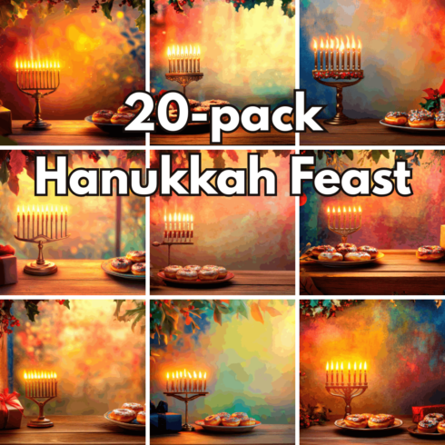 20-pack Hanukkah Feast Digital Backgrounds – High-Resolution Menorah and Holiday Sweets Stock Photos cover image.