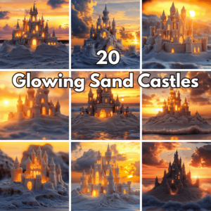 20 Glowing Sand Castles Digital Backgrounds, Surreal Beach Sunset Wallpapers and Magical Fantasy Scenery cover image.