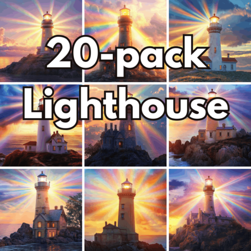 20-pack Lighthouse Coastal Wall Art, Radiant Sunset Beams and Scenic Ocean Views Digital Backgrounds cover image.