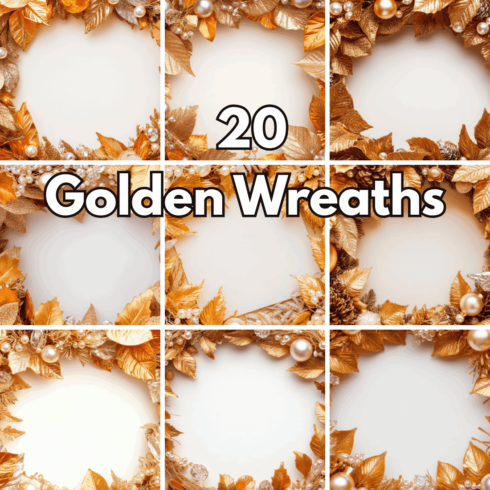 20 Gold Christmas Wreaths, Luxury Holiday Backgrounds & Frames cover image.