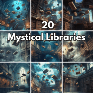 20 Mystical Libraries Digital Backgrounds, Floating Books Fantasy Wallpapers and Magic Library Concept Art cover image.