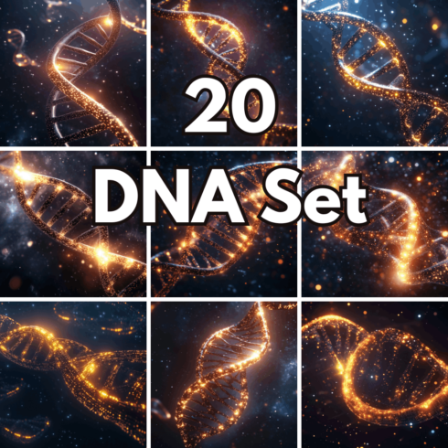 20 Glowing DNA Strand Backgrounds – Scientific Helix and Biotech Digital Photo Set cover image.