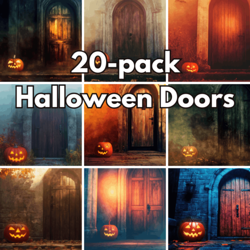 20-Pack Halloween Spooky Jack-o'-Lanterns and Mystery Castle Doors Digital Backgrounds cover image.