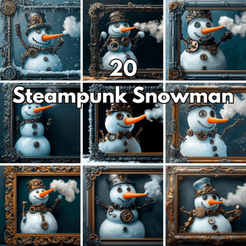 20 Steampunk Snowman Christmas and New Year Backgrounds, Mechanical Winter Wallpapers and Industrial Holiday Design Assets cover image.