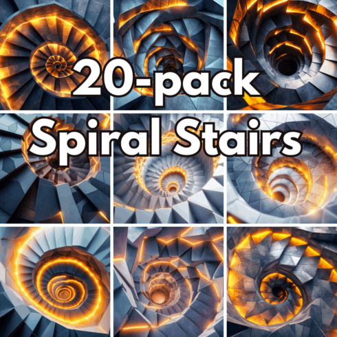 20-Pack Spiral Staircase Stock Photos, Neon Glowing Abstract Architecture Backgrounds and Futuristic Digital Art cover image.