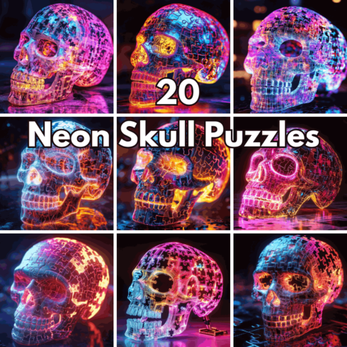 20 Neon Skull Puzzle Backgrounds – Glowing Cyberpunk and Futuristic Jigsaw Art Set cover image.