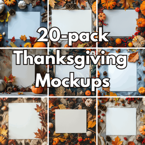 20-Pack Thanksgiving Autumn Pumpkin Mockups Flat Lay Stock Photos and Seasonal Digital Backgrounds cover image.
