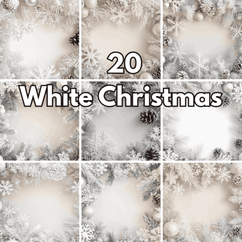 20 White Christmas Backgrounds, Frosty New Year Wallpapers and Snowy Pine Wreaths Design Assets cover image.