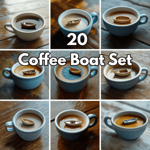 20 Mini Boat in Coffee Cup Backgrounds – Surreal Conceptual Digital Photo Set cover image.