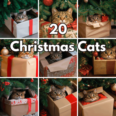 20 Christmas Cat Digital Backgrounds, Cute New Year Wallpapers and Holiday Pet Design Assets cover image.