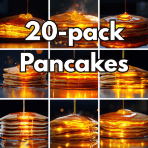 20-pack Pancakes with Maple Syrup and Honey Digital Backgrounds, Stacked Sweet Fluffy Pancakes and Pouring Syrup Studio Scenes cover image.