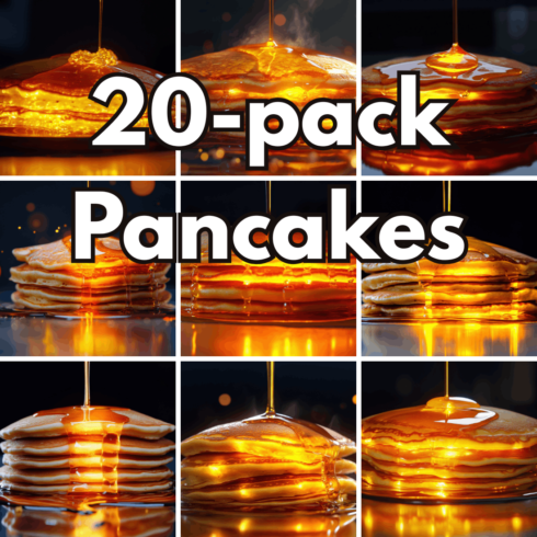 20-pack Pancakes with Maple Syrup and Honey Digital Backgrounds, Stacked Sweet Fluffy Pancakes and Pouring Syrup Studio Scenes cover image.