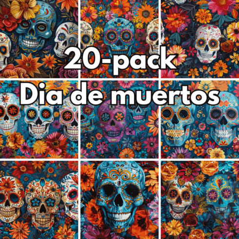 20 Photos Dia de Muertos Digital Backgrounds – High-Resolution Sugar Skulls and Floral Calaveras Stock Images for Creative Projects cover image.
