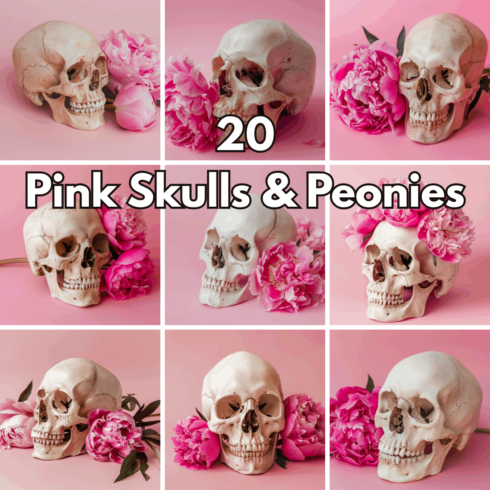 20 Dia de Muertos Pink Skulls & Peonies Digital Backgrounds, Aesthetic Skull with Flowers JPG Set cover image.