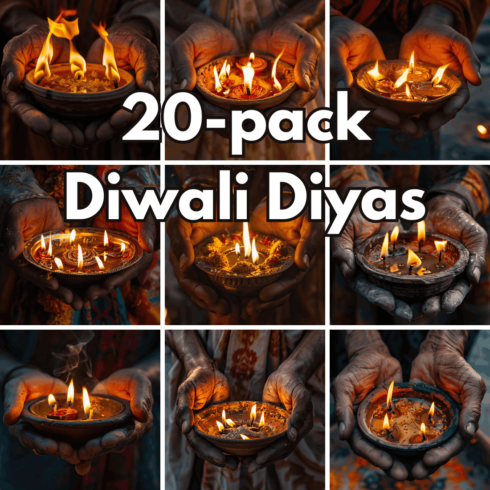 20-Pack Diwali Festival of Lights Traditional Diya Oil Lamps Digital Backgrounds and Puja Celebration Stock Photos cover image.