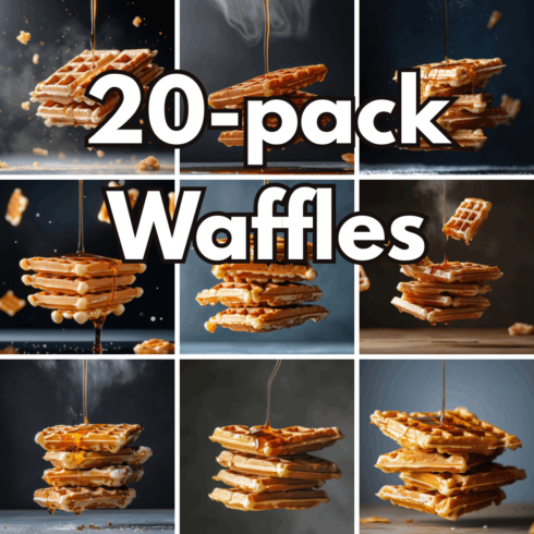 20-pack Waffles in Air with Maple Syrup Digital Backgrounds, Floating Sweet Belgian Waffles and Pouring Syrup Studio Scenes cover image.