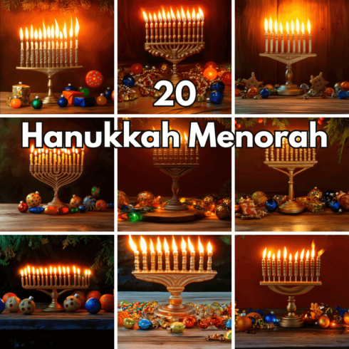 Hanukkah Menorah Digital Art Set – 20 High-Resolution Festive Candleholder Backgrounds for Greeting Cards and Holiday Decor cover image.