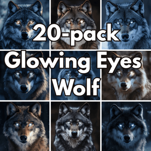 20-pack Glowing Eyes Wolf Digital Backgrounds, Mysterious Wild Predator Portraits and Fantasy Animal Art cover image.