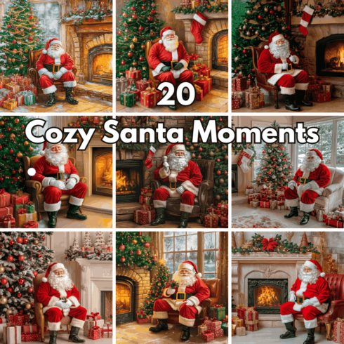 20 Cozy Santa Claus by Fireplace Backgrounds, Christmas Tree & Gift Box Stock Photos cover image.