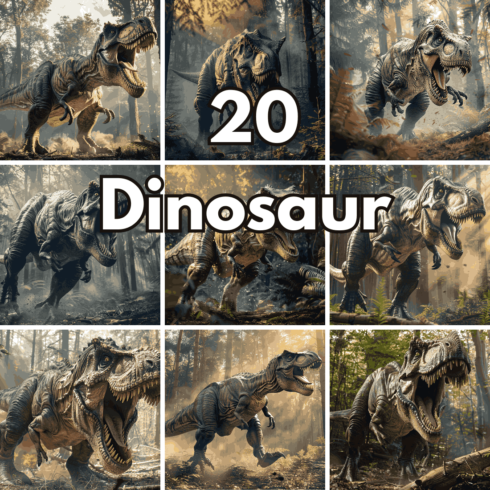 20 Dinosaur Digital Backgrounds, Prehistoric T-Rex Wallpapers and Wild Jurassic Forest Concept Art cover image.