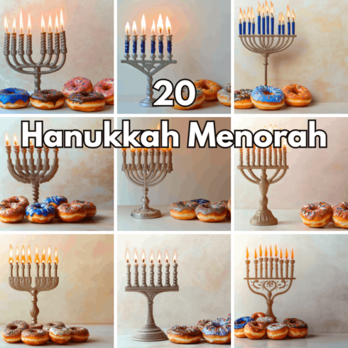 20 Hanukkah Menorah Digital Art Set – High-Resolution Festive Candleholder Backgrounds for Greeting Cards and Holiday Decor cover image.