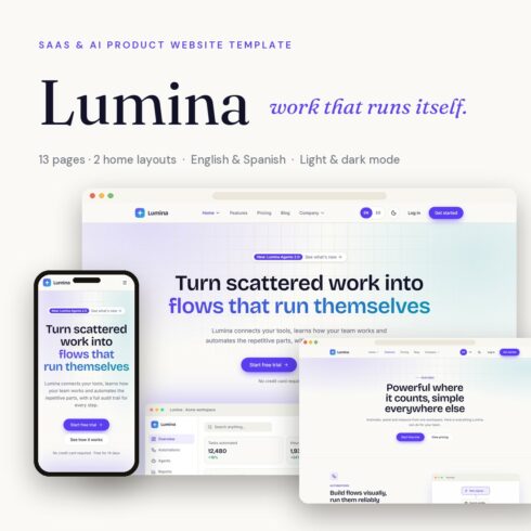Lumina - SaaS and AI Landing Page Template with Nextjs and Tailwind CSS cover image.