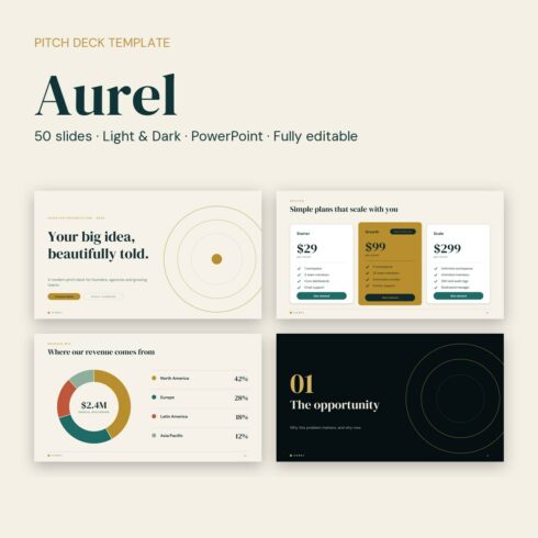 Aurel - Business Pitch Deck PowerPoint Template (50 Slides, Light & Dark) cover image.